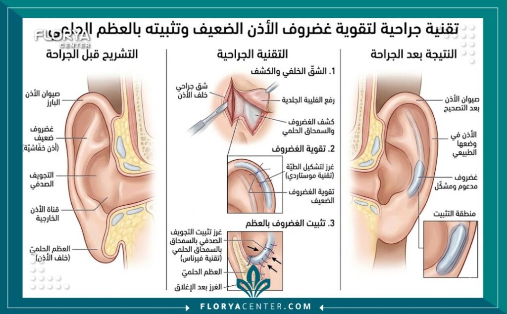 رسم طبي دقيق يوضح تشريح الأذن وتقوية الغضروف الضعيف جداً وتثبيته في منطقة الخشاء خلف الأذن.