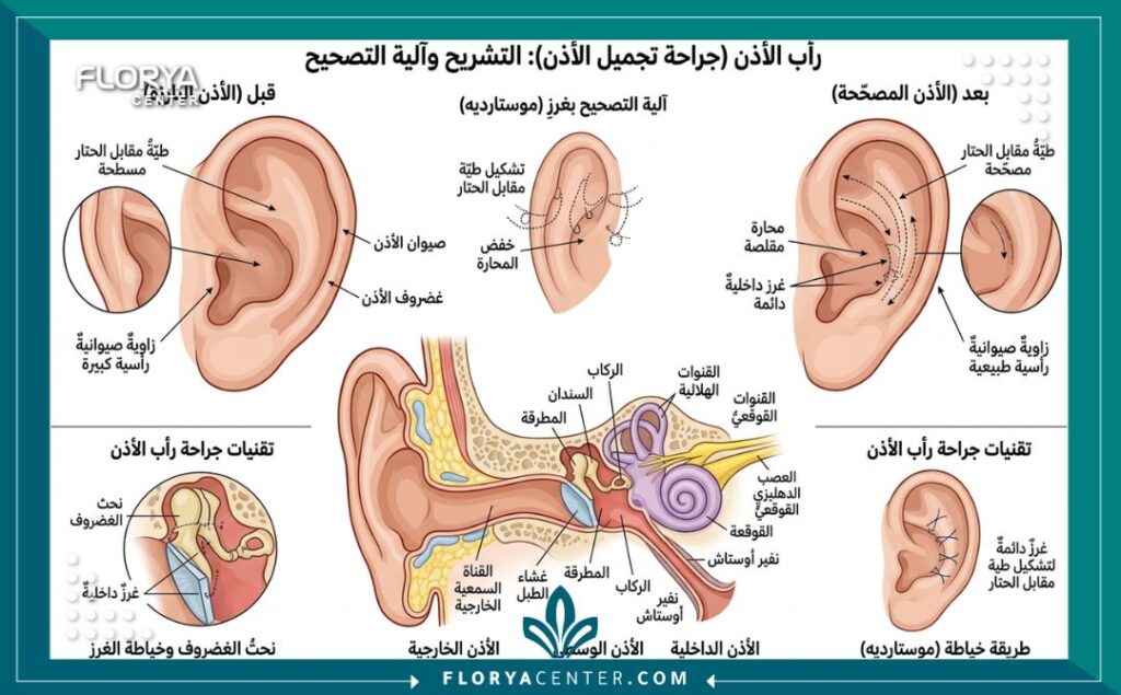 رسم تشريحي طبي يشرح كيفية طي الغضروف للخلف في عملية تجميل الأذن الخفاشية أو البارزة.