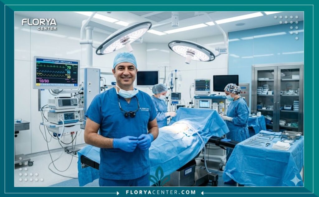 طبيب تجميل متخصص داخل غرفة عمليات حديثة في مستشفى تركي مجهز بأحدث تقنيات تجميل الأذن.
