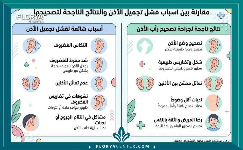 إنفوجرافيك يقارن بين أسباب فشل تجميل الأذن البارزة السابقة ونتائج جراحة الإصلاح الثانوية الناجحة.