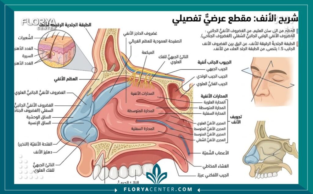 رسم توضيحي طبي يوضح تشريح الأنف العظمي وطبقة الجلد الرقيقة فوق العظام والغضاريف.