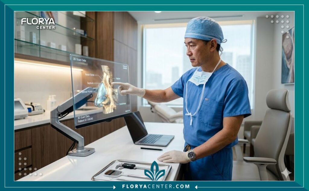 جراح تجميل متخصص يخطط لعملية تجميل الأنف العظمي باستخدام أحدث التقنيات ثلاثية الأبعاد لضمان أفضل النتائج.