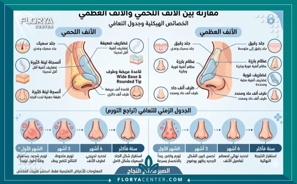 إنفوجرافيك يقارن بين تجميل الأنف اللحمي والأنف العظمي من حيث سمك الجلد وفترة التعافي والنتائج المتوقعة.