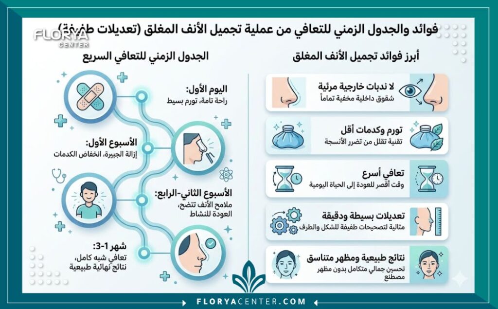 إنفوجرافيك يوضح مميزات جراحة تجميل الأنف المغلقة وسرعة فترة التعافي مقارنة بالجراحة المفتوحة.