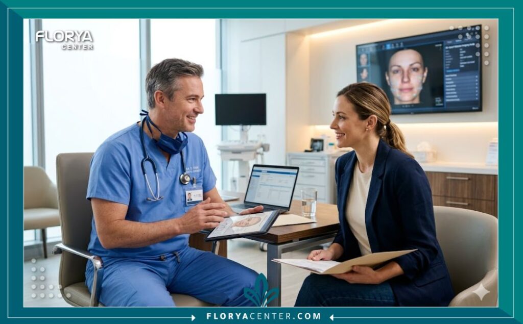 طبيب جراحة تجميل خبير يشرح للمريضة خطوات التجميل المغلق للأنف في عيادة طبية حديثة ومعقمة.