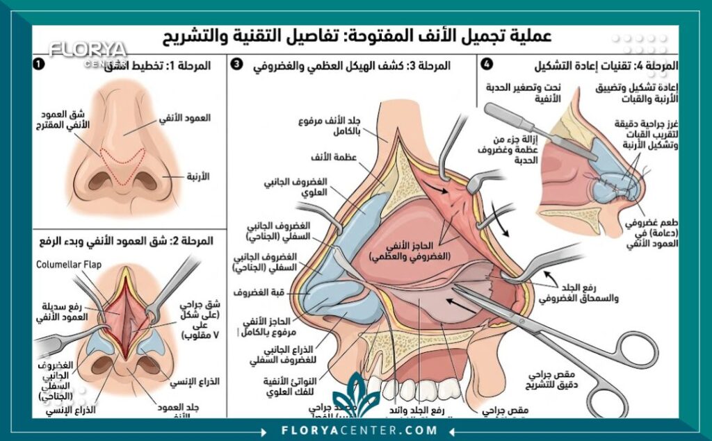 رسم توضيحي طبي مفصل يوضح شق الكولوميلا وهيكل الغضروف في عملية تجميل الأنف المفتوحة.