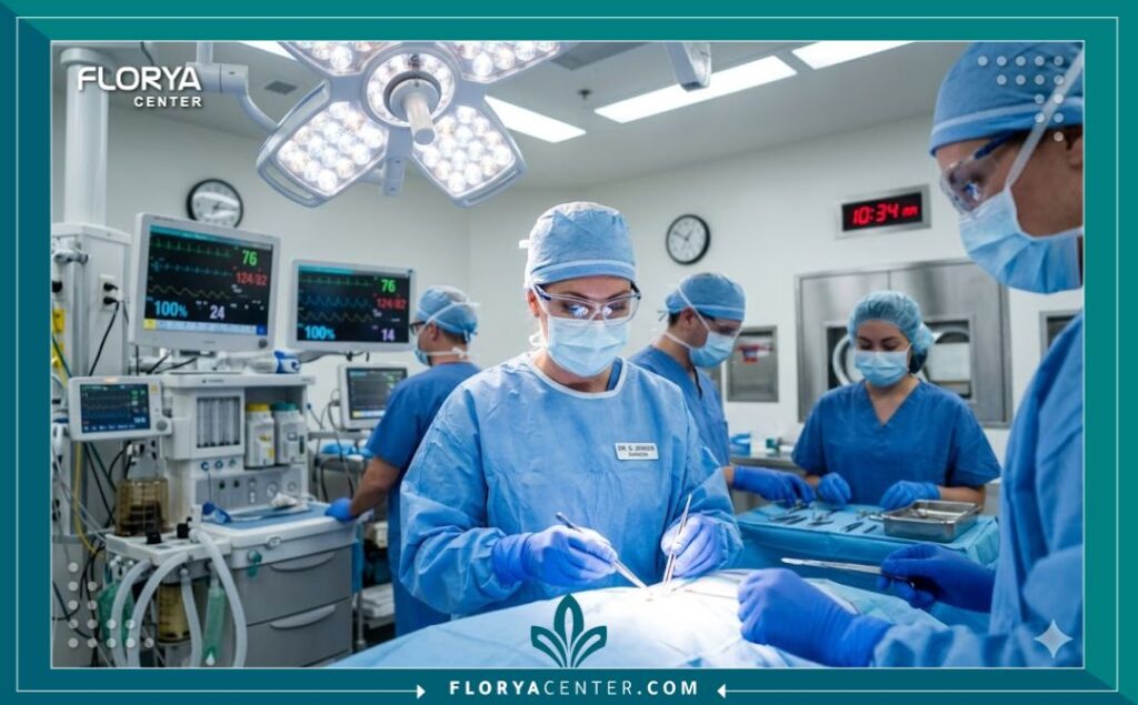 فريق من جراحي التجميل الخبراء يجري عملية تجميل أنف مفتوحة في غرفة عمليات حديثة ومعقمة.