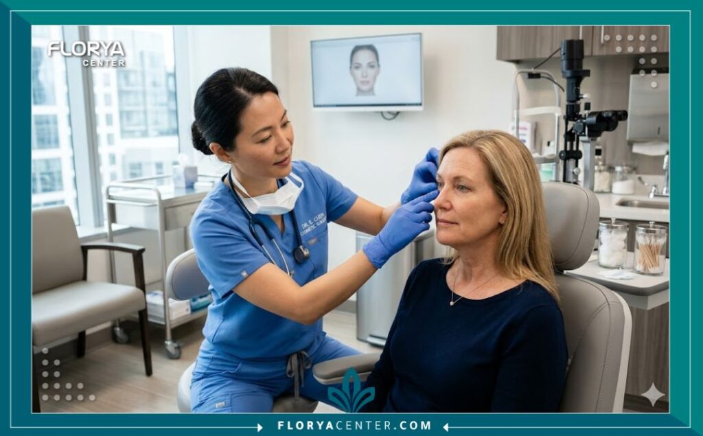 جراحة تجميل الجفن السفلي 4 جراح تجميل متخصص يقوم بفحص دقيق للمريض قبل إجراء جراحة تجميل الجفن السفلي في عيادة طبية حديثة ومعقمة.