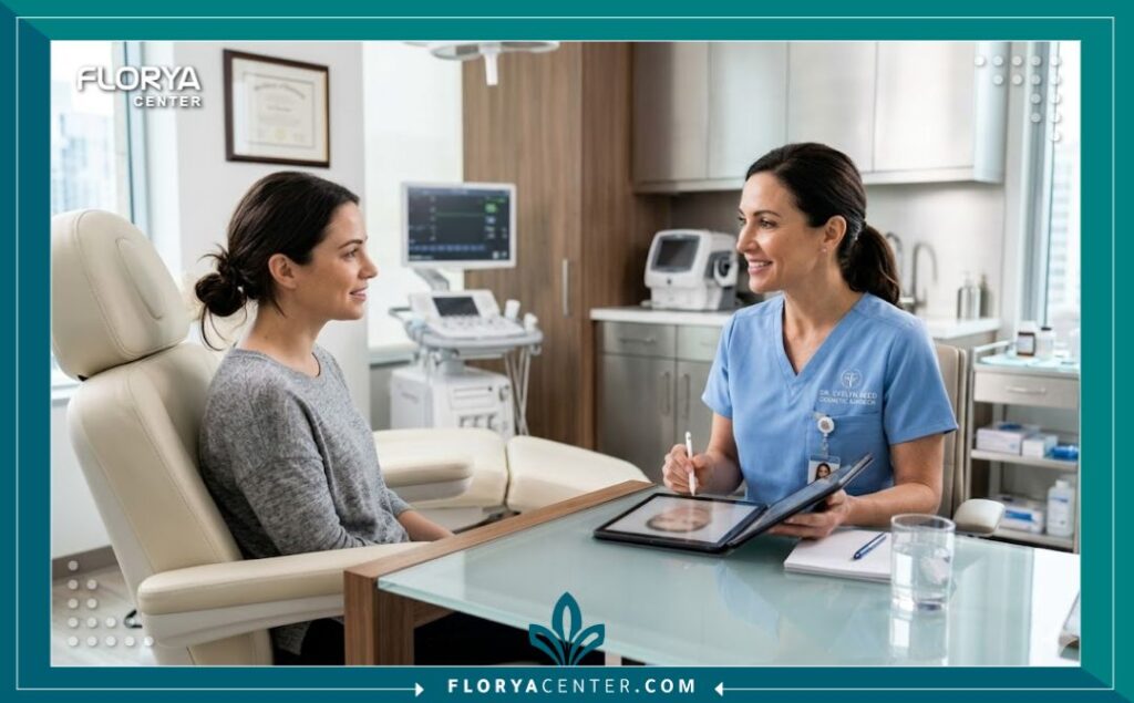 طبيب جراحة تجميل متخصص يرتدي ملابس العمليات ويقوم بفحص المريض قبل إجراء جراحة شد الجفون العلوية في عيادة حديثة.
