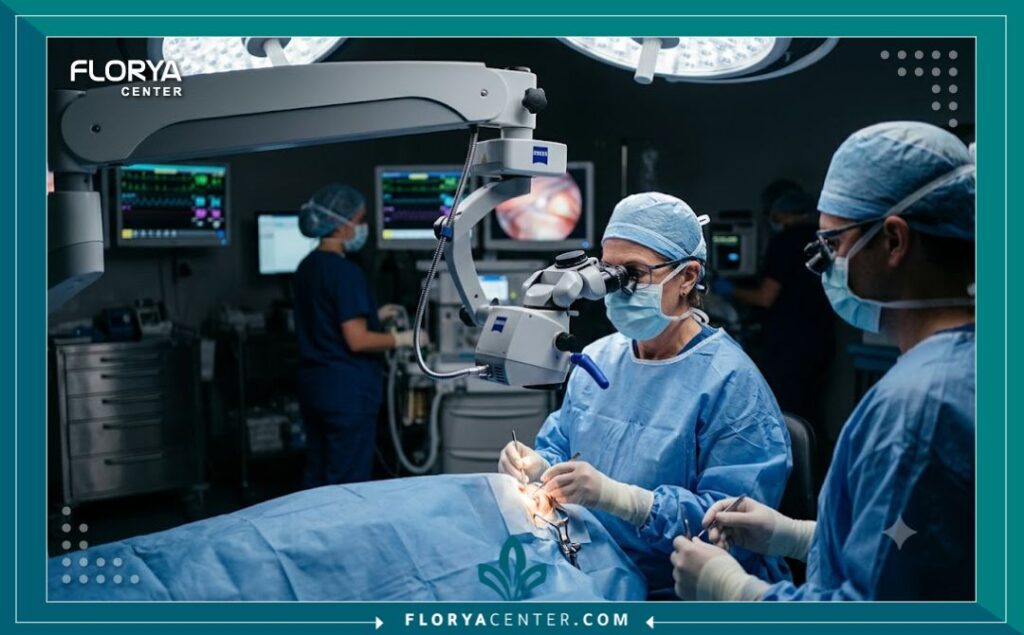 جراحة تجميل العيون الترميمية بعد الحوادث 4 فريق طبي من جراحي التجميل والعيون يجرون عملية ترميم دقيقة للعين داخل غرفة عمليات حديثة ومجهزة.