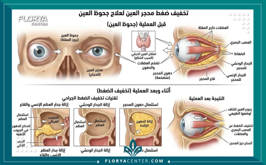 رسم توضيحي طبي ثلاثي الأبعاد يشرح تشريح محجر العين وعملية إرجاع العين الجاحظة إلى مسارها الطبيعي.