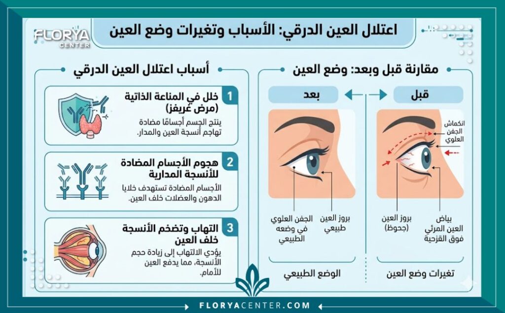 إنفوجرافيك طبي يوضح أسباب جحوظ العينين وخطوات العلاج الجراحي مع مقارنة قبل وبعد العملية.
