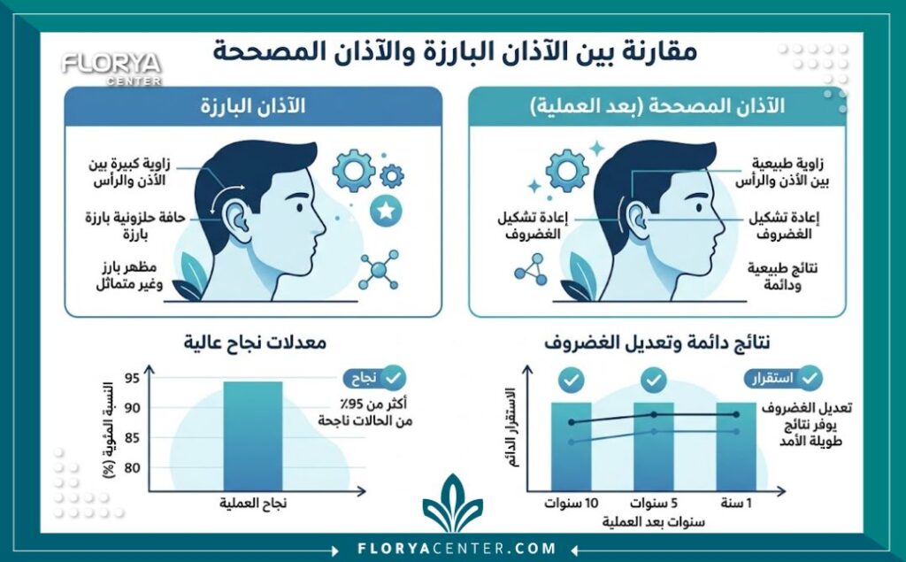إنفوجرافيك يقارن بين شكل الأذن البارزة والأذن الطبيعية بعد عملية تجميل الأذن ونسب نجاحها الدائمة.