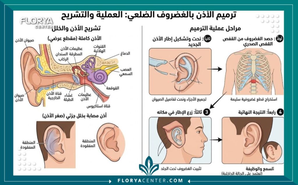 جراحة ترميم الأذن المفقودة جزئياً جراحياً 2 رسم توضيحي طبي يوضح تشريح الأذن وكيفية استخدام زراعة الغضاريف لتعويض وتشكيل الجزء المفقود من الأذن.