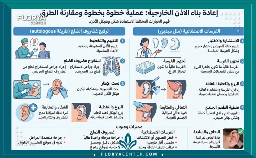 إنفوجرافيك طبي يشرح خطوات ترميم الأذن بعد الحروق أو الحوادث والفرق بين استخدام غضروف الضلع الطبيعي والزراعات الصناعية.