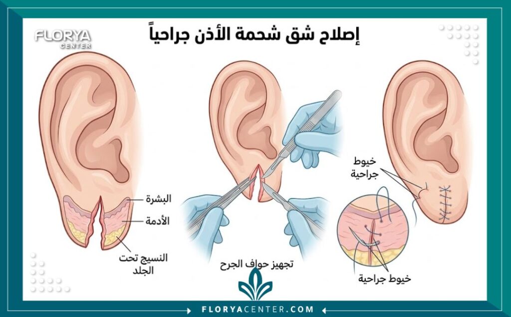 رسم توضيحي طبي يشرح تشريح الأذن وخطوات جراحة ترميم شحمة الأذن الممزقة وطريقة الخياطة التجميلية.