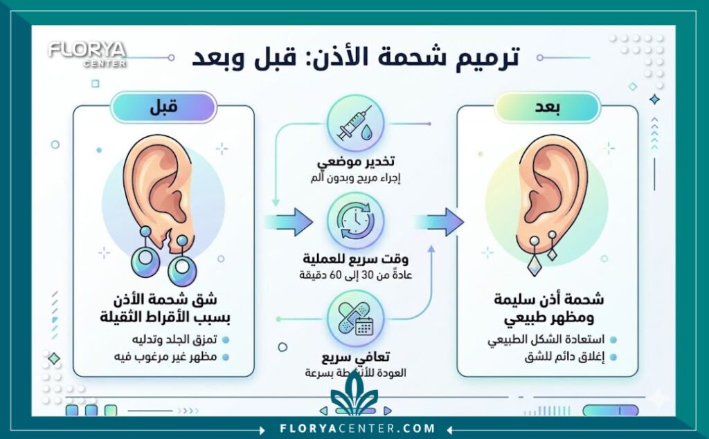 إنفوجرافيك يوضح الفرق بين شحمة الأذن الممزقة قبل وبعد عملية الترميم ومزايا الإجراء السريع في العيادة.