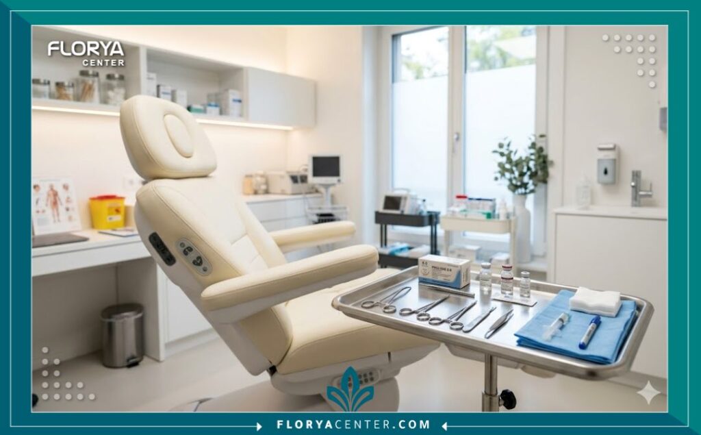 عيادة تجميل حديثة ومجهزة بأحدث الأدوات الطبية المعقمة لإجراء جراحة ترميم شحمة الأذن الممزقة بأمان.