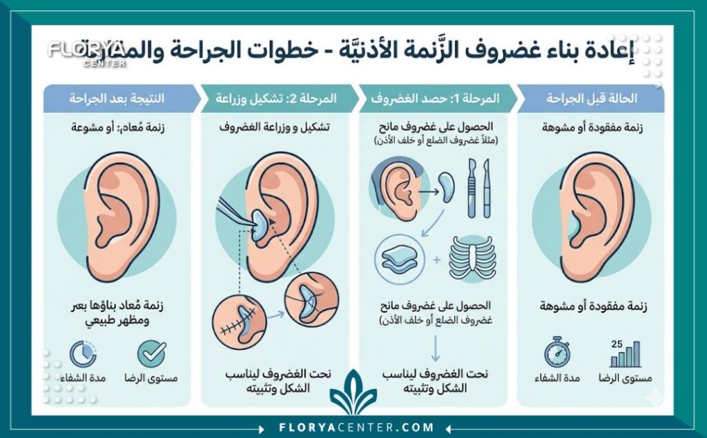 إنفوجرافيك يشرح خطوات عملية تجميل الأذن وإصلاح تشوه غضروف الثلمة مع مقارنة قبل وبعد الجراحة.