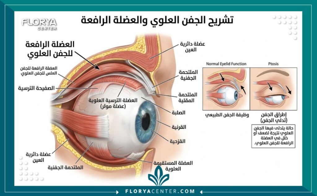 رسم توضيحي طبي لتشريح العين يبرز العضلة الرافعة وكيفية علاج تدلي الجفون عبر جراحة تصحيح ارتخاء الجفن العلوي.