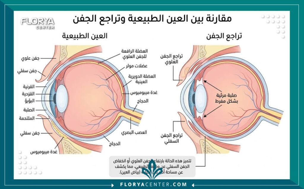 جراحة تصحيح انكماش الجفن 2 رسم توضيحي طبي يشرح تشريح العين وحالة تراجع الجفن وانكشاف بياض العين المبالغ فيه.