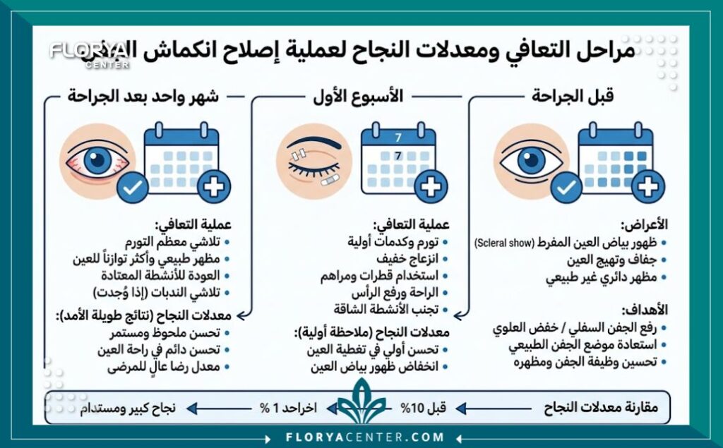 جراحة تصحيح انكماش الجفن 3 إنفوجرافيك يوضح مراحل التعافي ونسب نجاح عملية تصحيح تراجع الجفن قبل وبعد الجراحة.