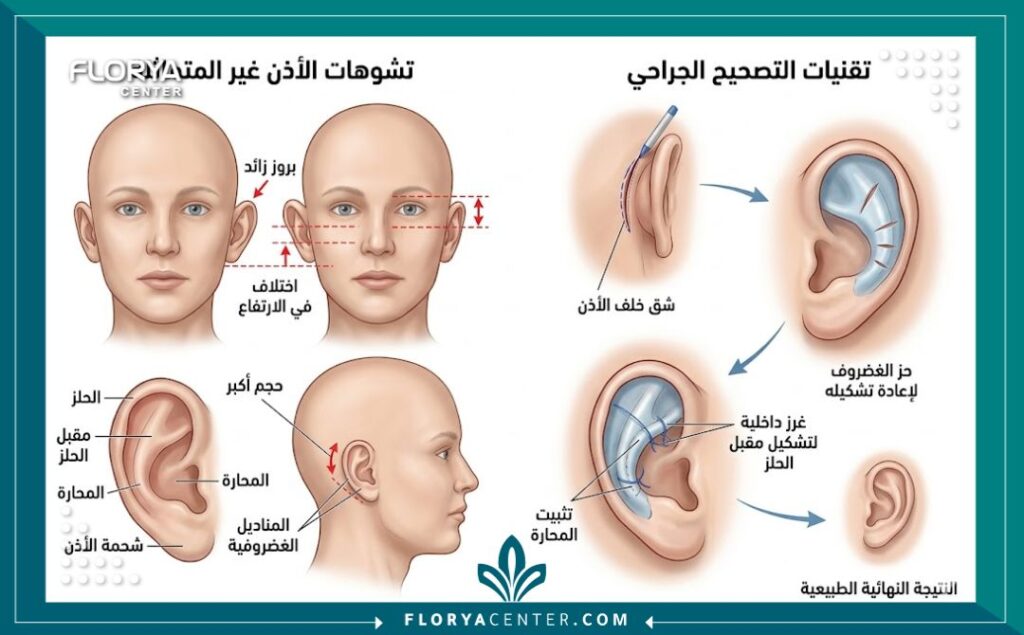 جراحة تصحيح عدم تماثل الأذنين جراحياً 2 رسم توضيحي طبي دقيق يشرح تشريح الغضروف وخطوات جراحة تصحيح عدم تماثل الأذنين وعلاج اختلاف الحجم والبروز.