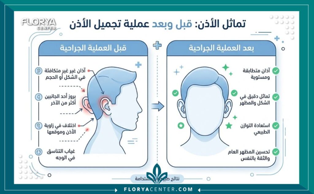 جراحة تصحيح عدم تماثل الأذنين جراحياً 3 إنفوجرافيك يقارن بين شكل الأذن قبل وبعد عملية تجميل وتصحيح عدم تماثل الأذنين ويوضح نسب النجاح والتعافي.