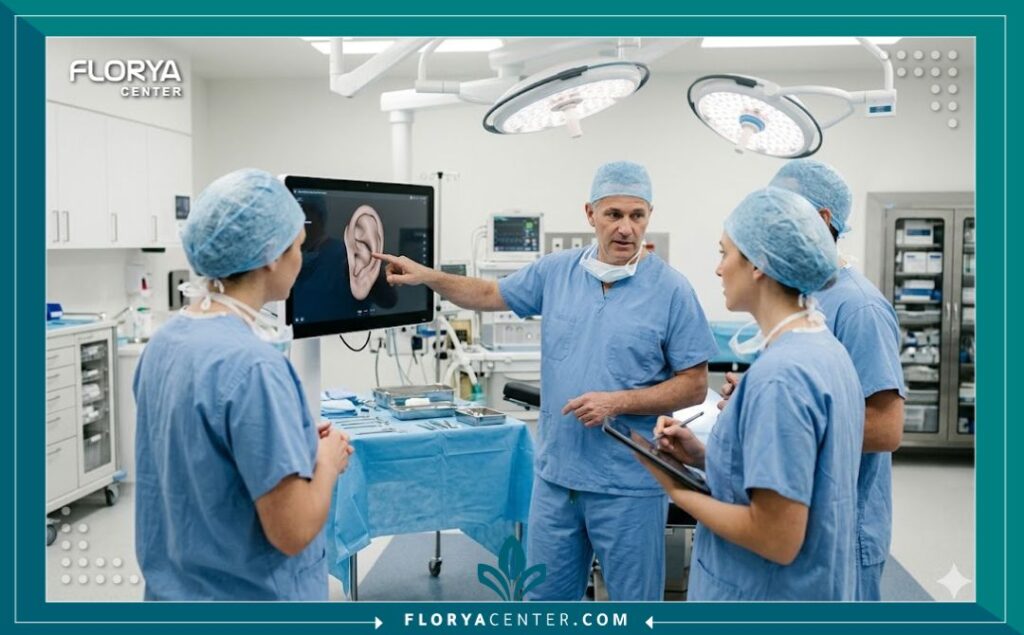 جراحة تصحيح عدم تماثل الأذنين جراحياً 4 فريق من أمهر جراحي التجميل داخل غرفة عمليات حديثة ومجهزة لإجراء عملية تجميل الأذن وتصحيح التماثل.