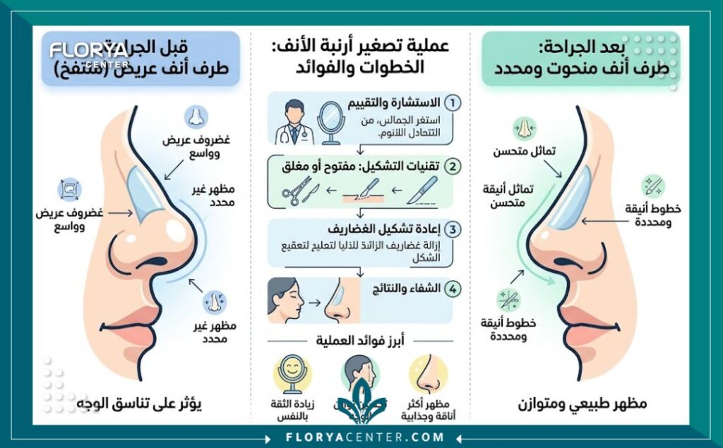 إنفوجرافيك يقارن بين شكل الأنف قبل وبعد جراحة تصغير الأرنبة وخطوات تحديد الطرف البصلي.