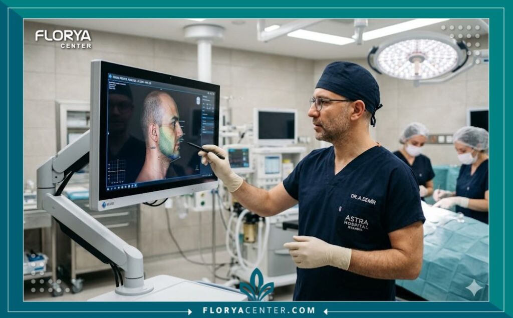 جراحة تصغير الأنف اللحمي في تركيا 4 جراح تجميل يحلل صور ثلاثية الأبعاد للوجه داخل غرفة عمليات حديثة ومجهزة بأحدث التقنيات في أفضل مستشفيات تركيا.