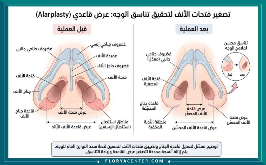 جراحة تصغير فتحات الأنف في تركيا 2 رسم طبي توضيحي يبين تشريح قاعدة الأنف وكيفية تضييق فتحات الأنف العريضة جراحياً.