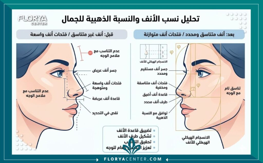 جراحة تصغير فتحات الأنف في تركيا 3 إنفوجرافيك يوضح النسب الذهبية للوجه وتأثير عملية تجميل فتحات الأنف على التناسق العام.