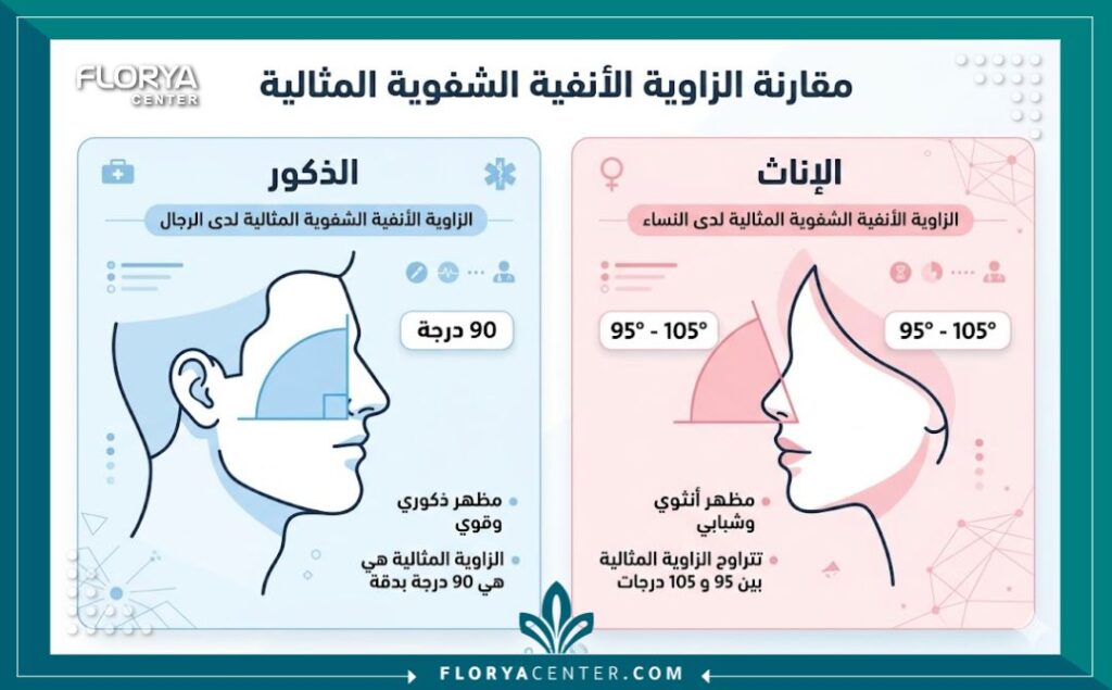إنفوجرافيك يوضح الفرق بين الزاوية الأنفية الشفوية المثالية للرجال 90 درجة وللنساء من 95 إلى 105 درجة.