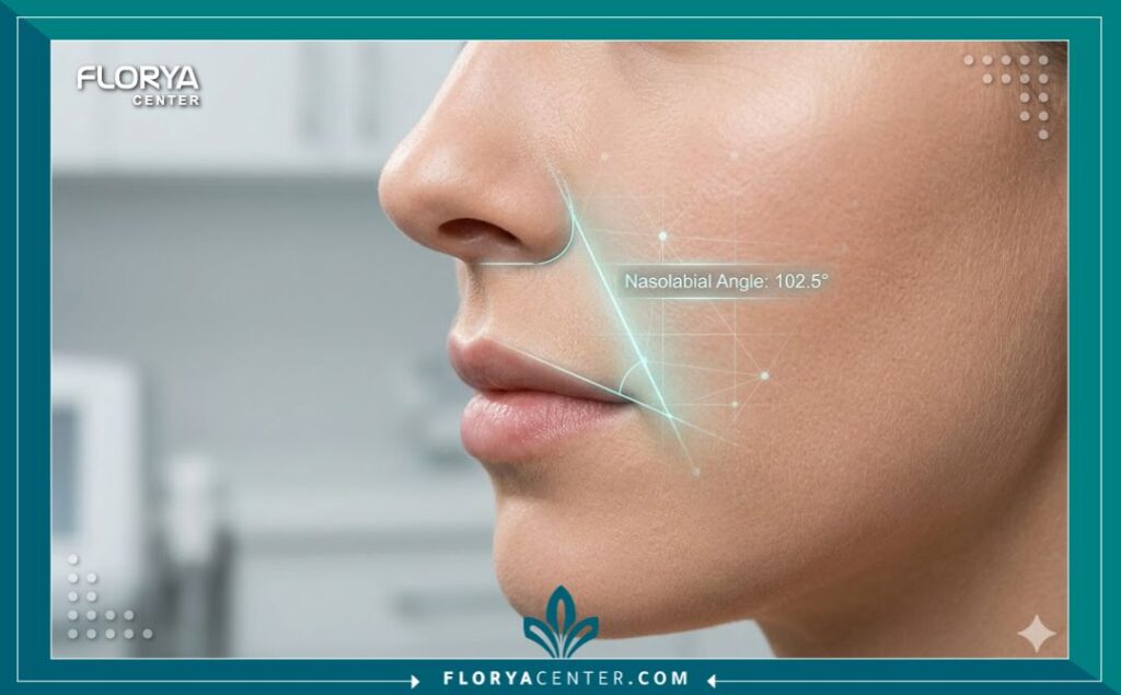 قياس وتحديد الزاوية الأنفية الشفوية بدقة قبل عملية تجميل الأنف لضمان تناسق ملامح الوجه.