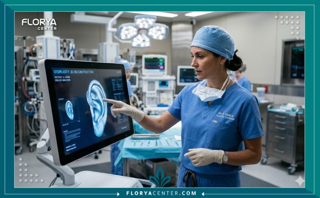 جراحة تعديل زاوية الأذن ع الرأس 4 طبيب تجميل متخصص يخطط لعملية جراحة تعديل زاوية الأذن ع الرأس داخل غرفة عمليات حديثة ومجهزة.