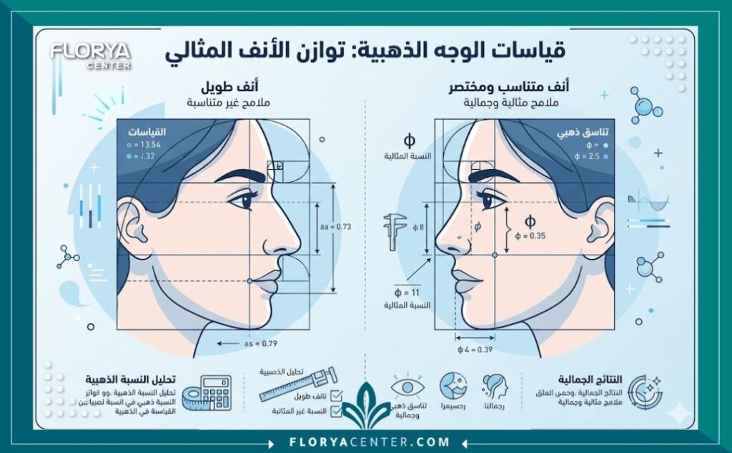جراحة تقصير الأنف الطويل جراحياً 3 إنفوجرافيك يوضح الفرق بين الأنف الطويل والأنف المتناسق وفقاً لمعايير النسبة الذهبية لجمال الوجه.