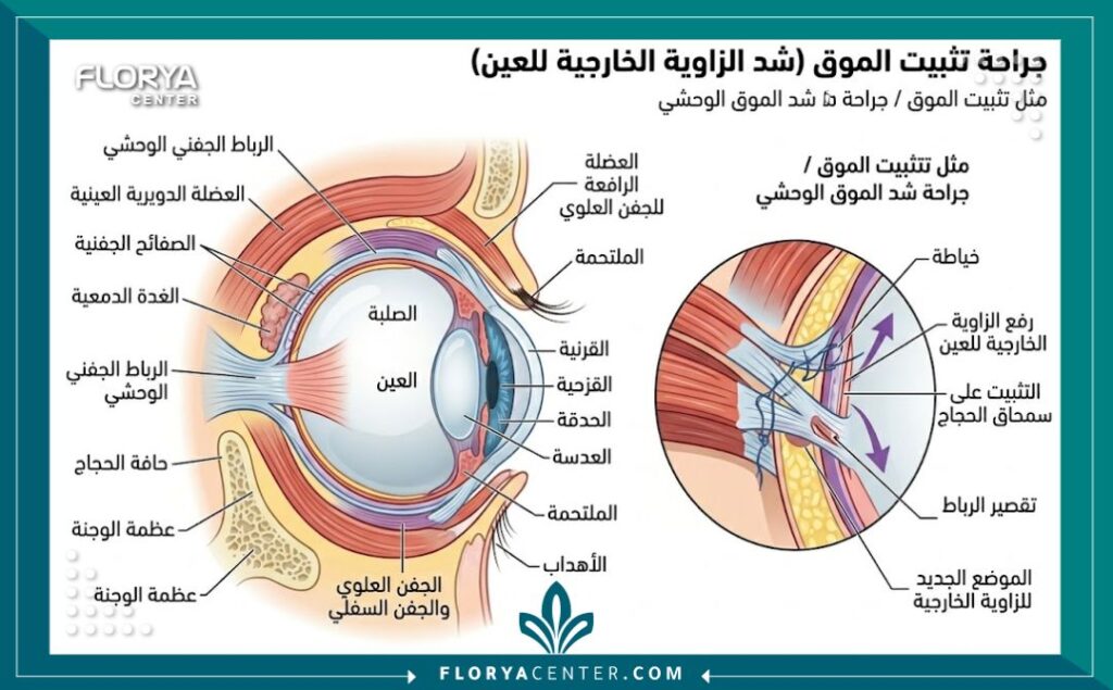 تصحيح ارتخاء الجفن العلوي 2 رسم توضيحي طبي يشرح تشريح العين وعضلة الجفن الرافعة، ويوضح الفرق بين الجفن الطبيعي وحالة ارتخاء الجفن العلوي (تدلي الجفون).