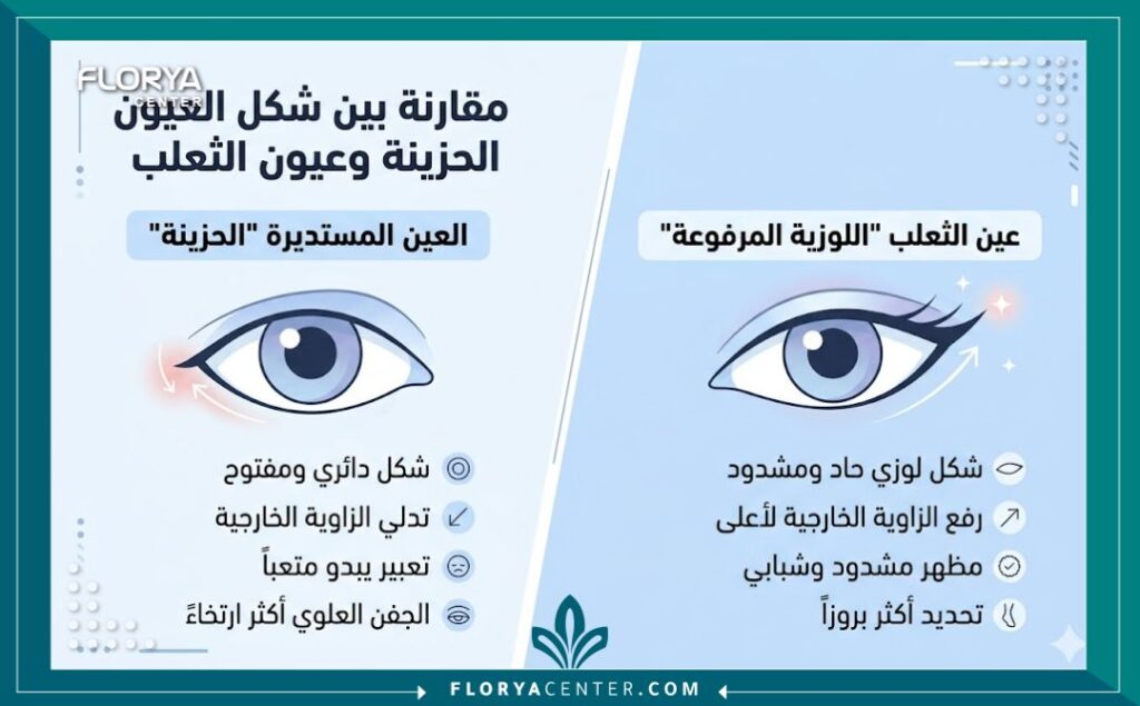 إنفوجرافيك يقارن بين شكل العين الدائري أو الحزين وشكل العين الجذاب والمسحوب بعد عملية تجميل العيون.