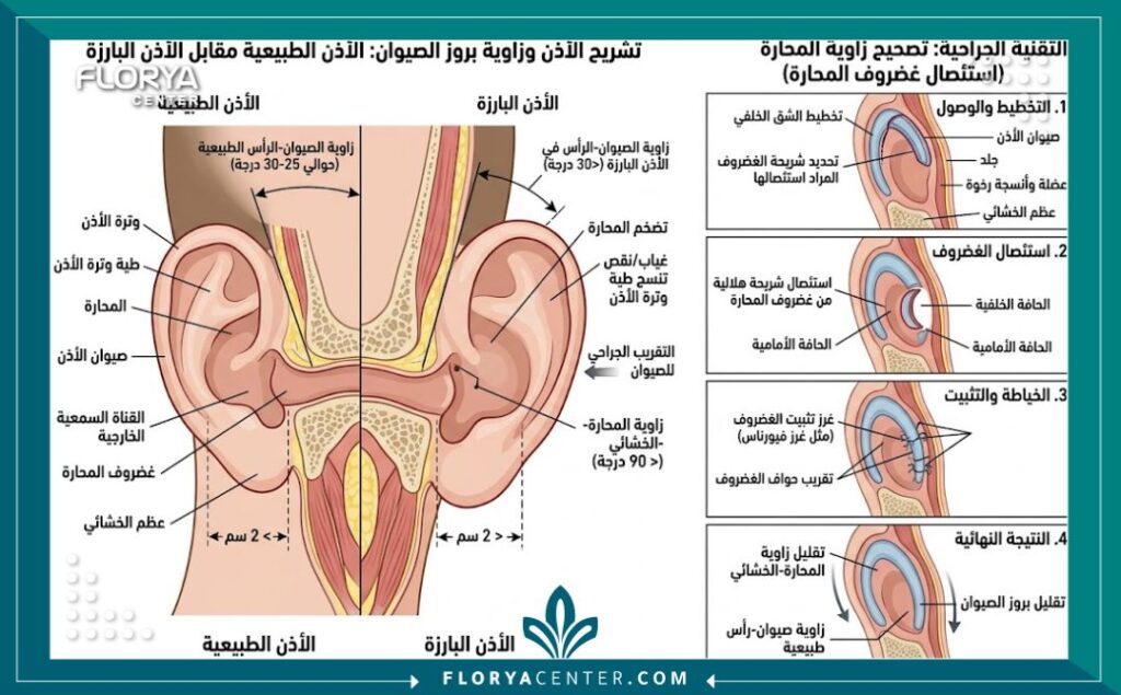 جراحة زاوية الاذن مع الراس 2 رسم توضيحي طبي يشرح تشريح غضروف الأذن وكيفية تعديل زاوية الأذن مع الرأس لتقليل البروز.