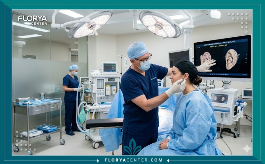 جراحة زاوية الاذن مع الراس 4 طبيب تجميل متخصص يفحص مريضاً في غرفة عمليات حديثة ومجهزة لإجراء جراحة زاوية الأذن بأمان تام.