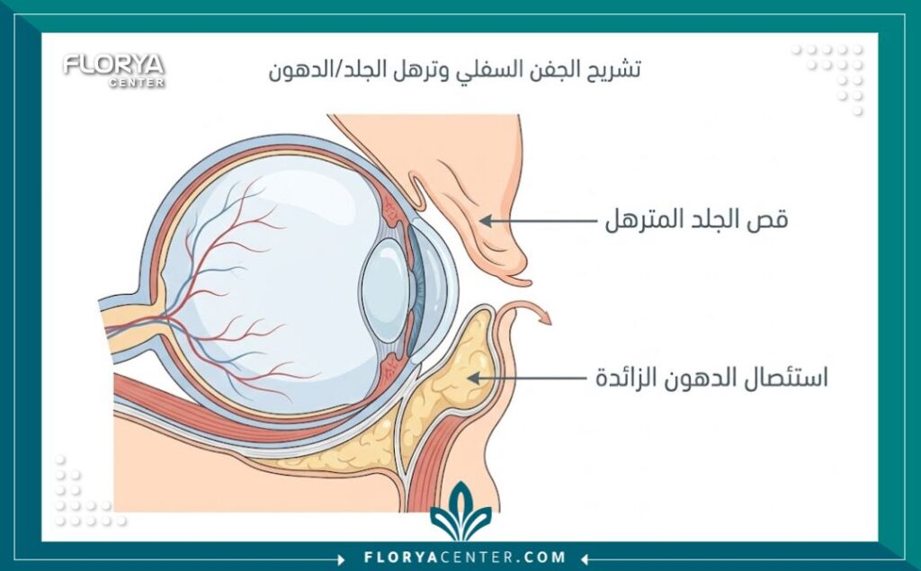 مخطط طبي يوضح تشريح الجفن السفلي وكيفية استئصال الجلد المترهل والدهون للأعمار المتقدمة.