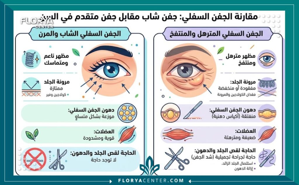 انفوجرافيك طبي يوضح معايير تحديد الحاجة لعملية شد الجفن السفلي وقص الجلد الزائد.