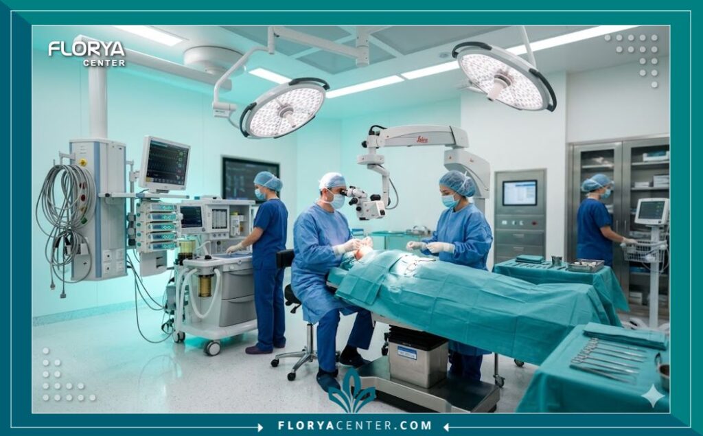 غرفة عمليات معقمة مجهزة بأحدث التقنيات لإجراء جراحة تجميل وشد الجفون السفلى بأمان.