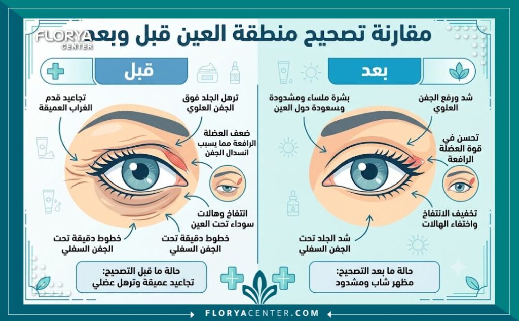 إنفوجرافيك يقارن منطقة حول العين قبل وبعد عملية شد العضلة الدائرية لتصحيح التجاعيد العميقة.