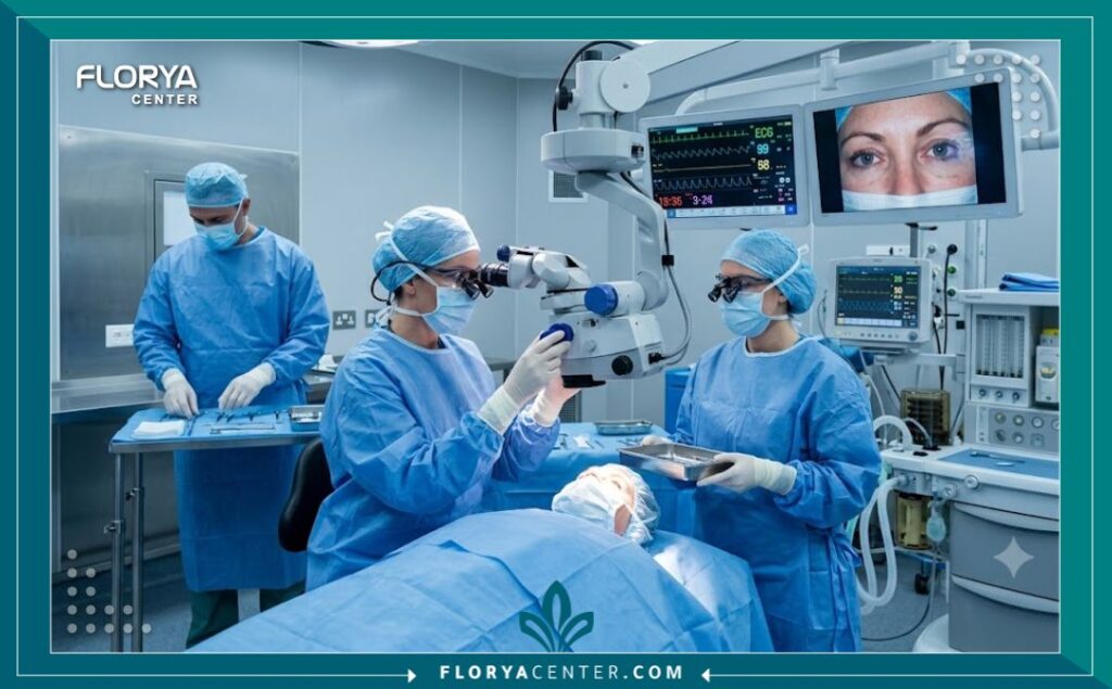 غرفة عمليات حديثة ومعقمة مجهزة لإجراء جراحة شد العضلة الدائرية للعين بأحدث التقنيات الطبية.