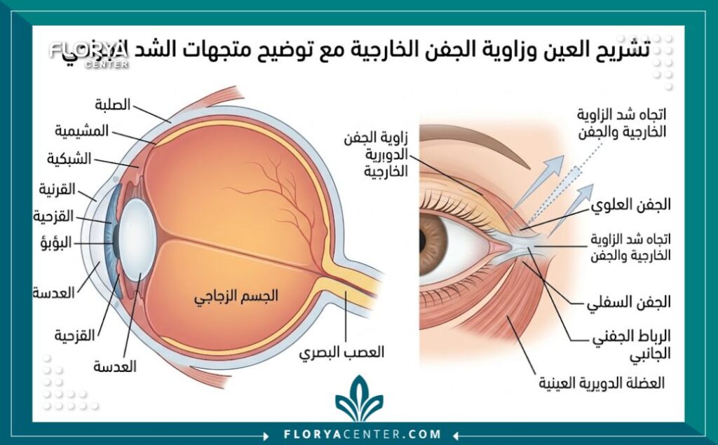جراحة شد زاوية العين الخارجية 2 رسم توضيحي طبي يشرح تشريح العين واتجاه الرفع في عملية شد زاوية العين الخارجية.