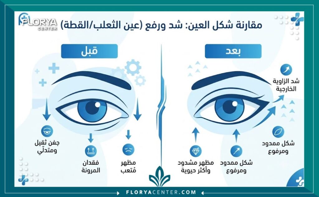 جراحة شد زاوية العين الخارجية 3 إنفوجرافيك يقارن بين شكل العين قبل وبعد عملية شد زاوية العين للحصول على سحبة العين.
