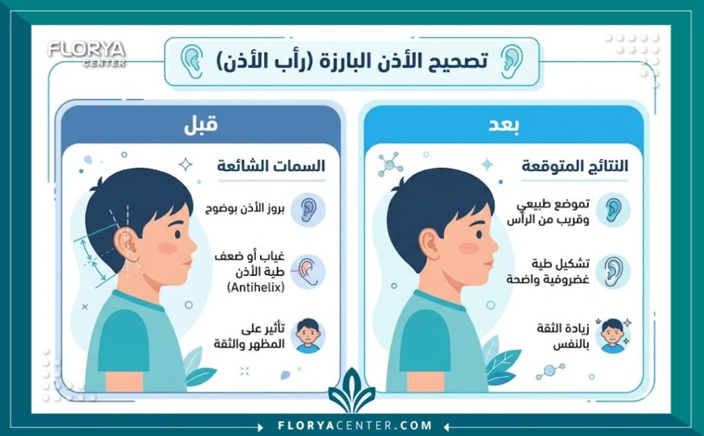 جراحة صيوان الأذن في تركيا 3 إنفوجرافيك يوضح مقارنة لنتائج قبل وبعد جراحة صيوان الأذن وتجميل الأذن البارزة.