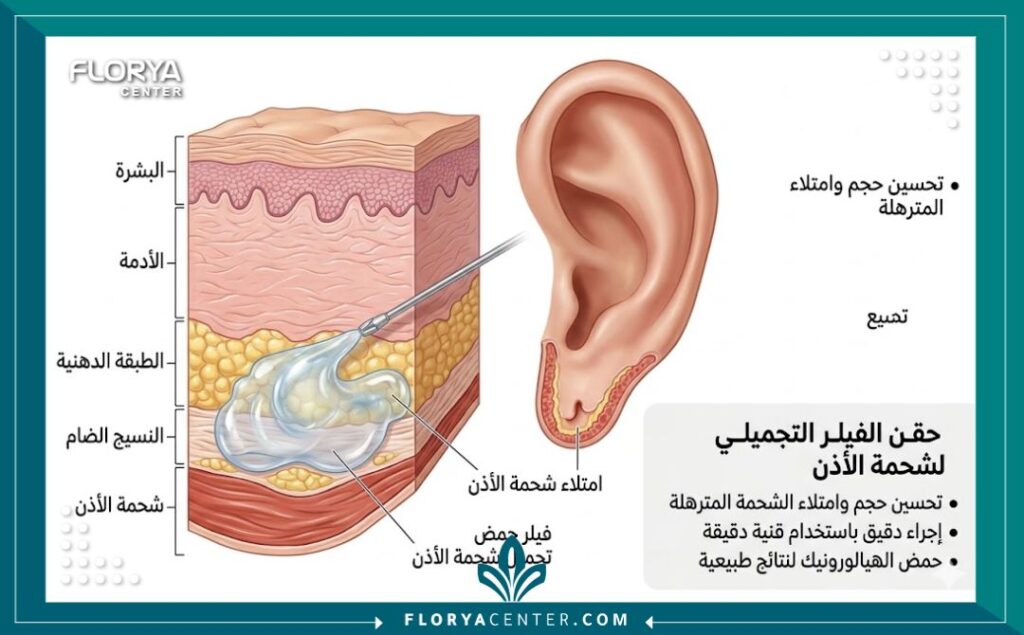 رسم توضيحي طبي لطبقات الجلد يظهر كيفية حقن الفيلر لتجميل شحمة الأذن وعلاج الترهل بأمان.